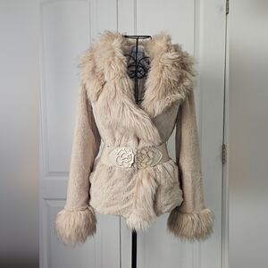 Patrizia Luca Cream Teddy Jacket with Faux Fur Trim